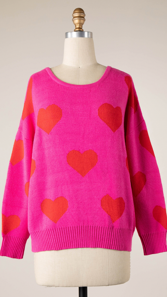 HEART PRINT BACK CUTOUT DETAIL KNIT SWEATER