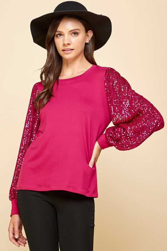 Solid Magenta Top with Sequins Detailed Sleeves