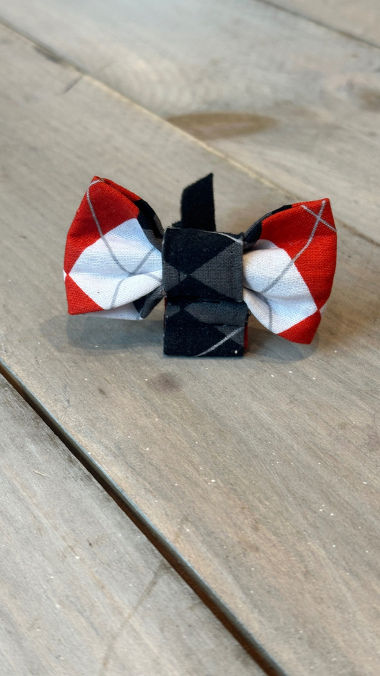 Red, White & Grey Argyle Bow Tie -  fits over the collar