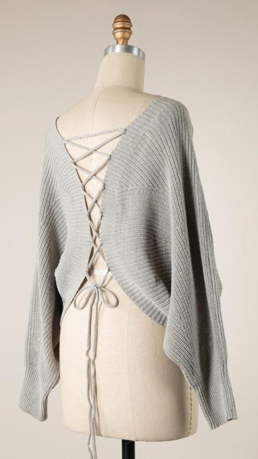 DOLMAN SLEEVE BACK LACE UP CABLE KNIT SWEATER