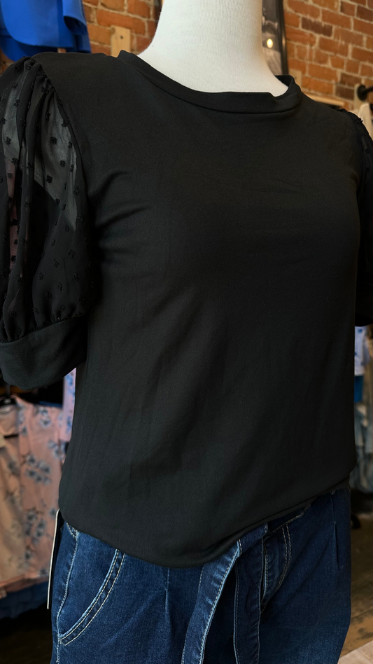 BLACK TOP WITH SHEER DOTTED SLEEVES