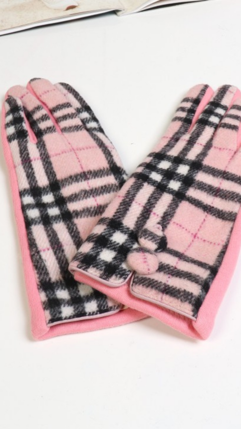 Pink Double Buttoned Plaid Touch Screen Glove