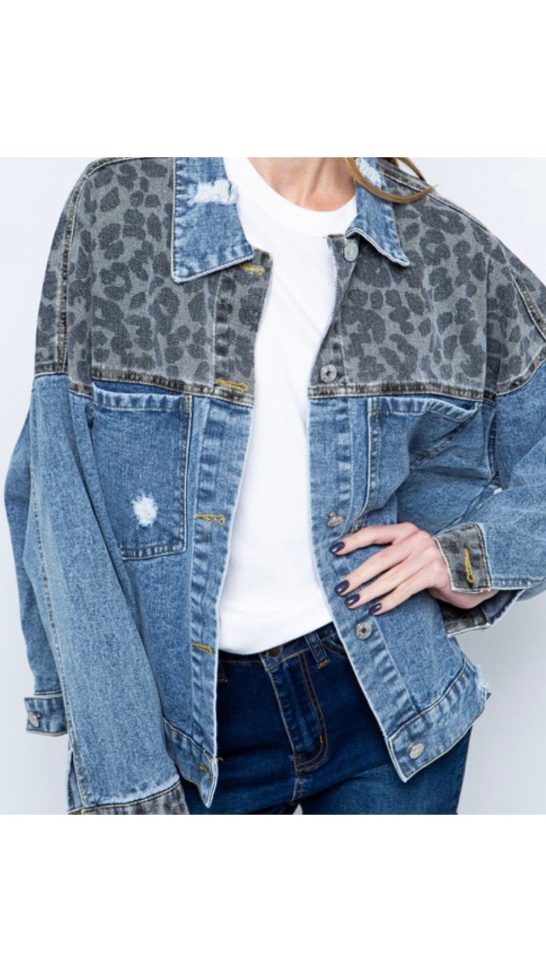 Leopard Print Patch Denim Oversized Jacket