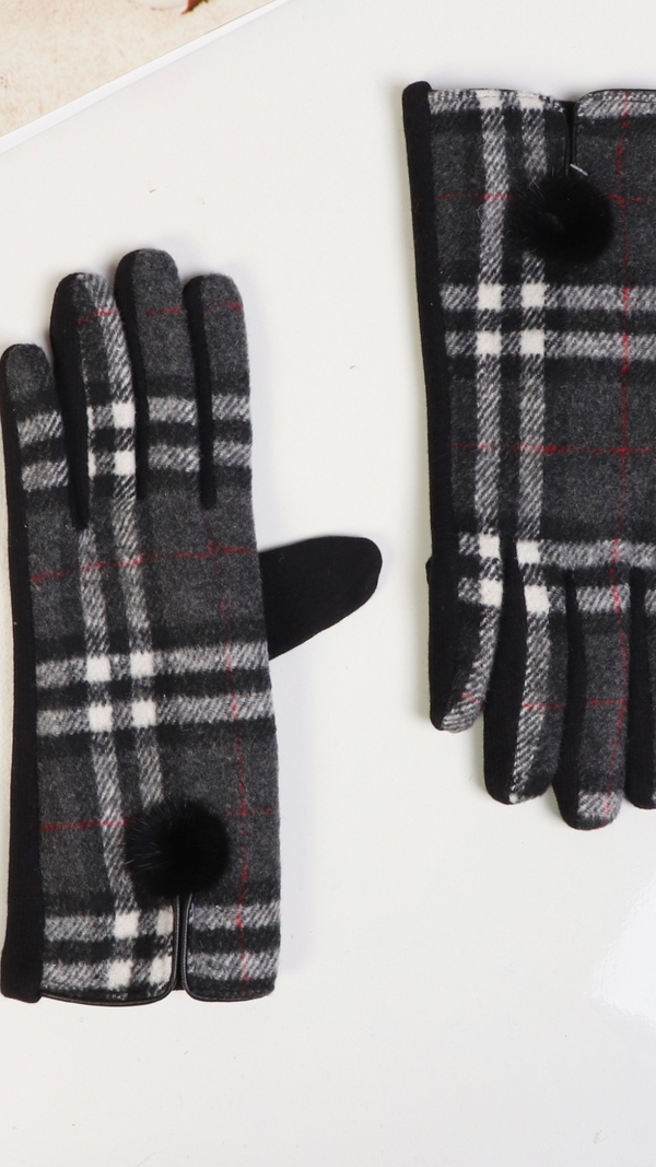 Grey Plaid Glove with Black Pom Pom
