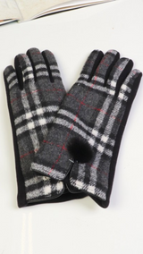 Grey Plaid Glove with Black Pom Pom