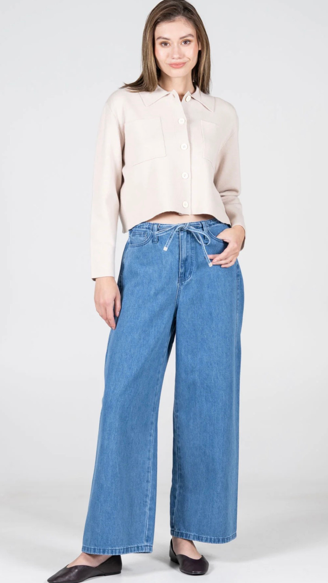 5 Pkt Wide Leg Tie Front Denim Pant