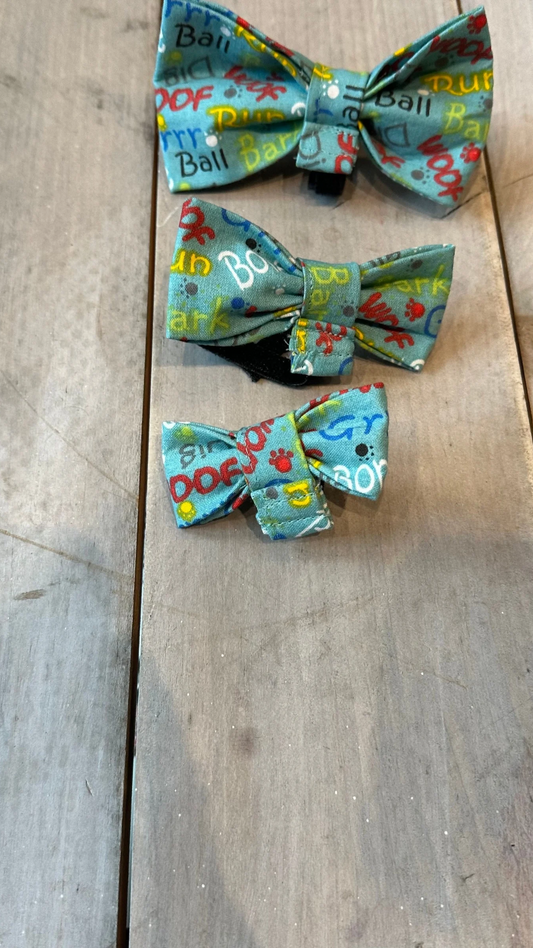 Bark, Run, Ball, Woof bow tie  — fits over the collar