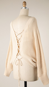 DOLMAN SLEEVE BACK LACE UP CABLE KNIT SWEATER