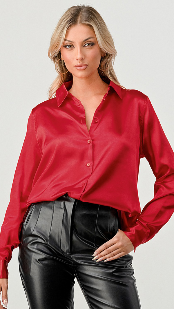 Red Satin Button-Up Blouse