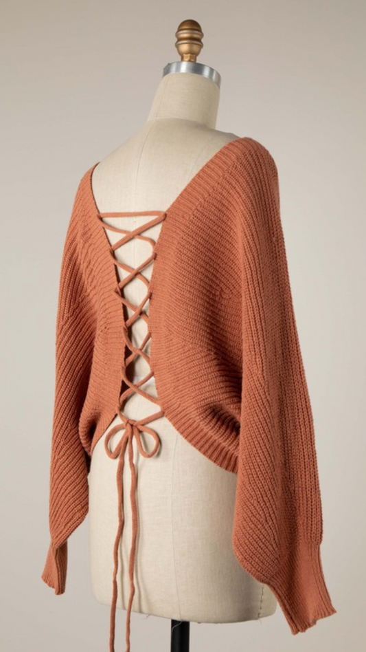 BRICK DOLMAN SLEEVE BACK LACE UP CABLE KNIT SWEATER