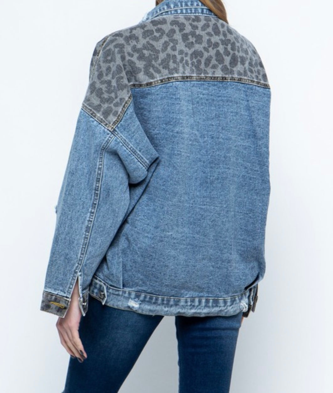 Leopard Print Patch Denim Oversized Jacket