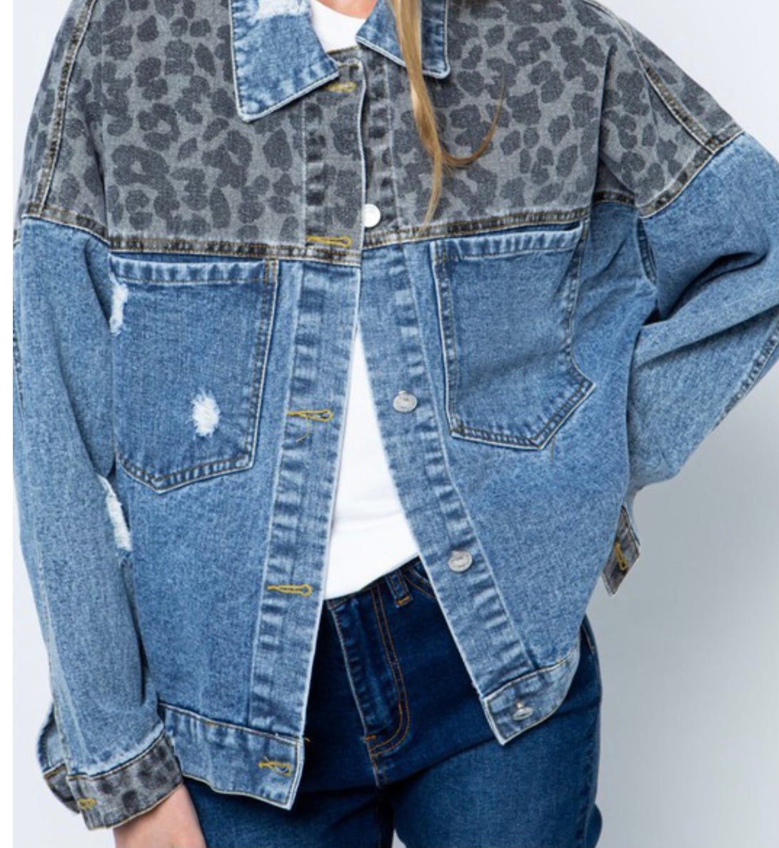 Leopard Print Patch Denim Oversized Jacket