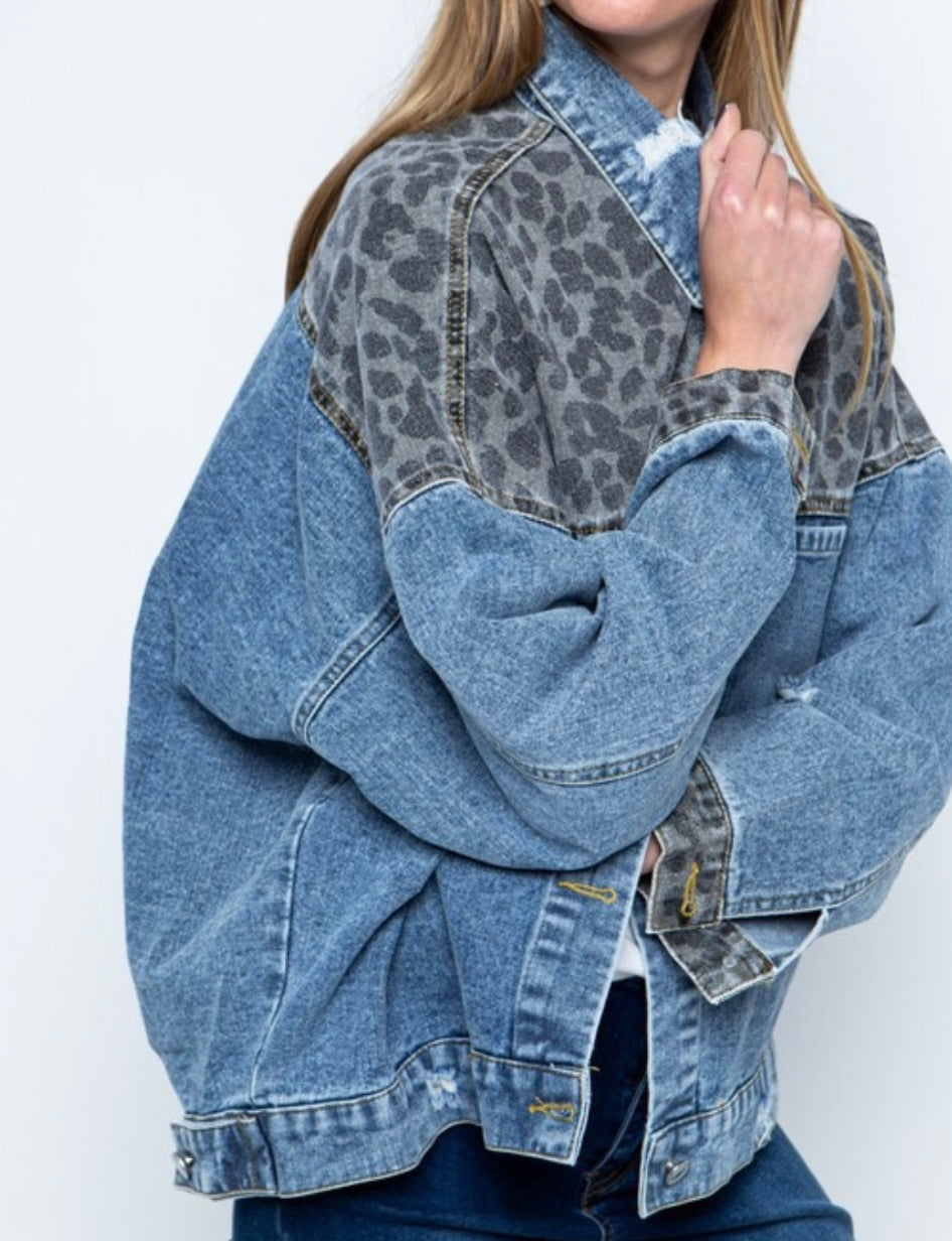 Leopard Print Patch Denim Oversized Jacket